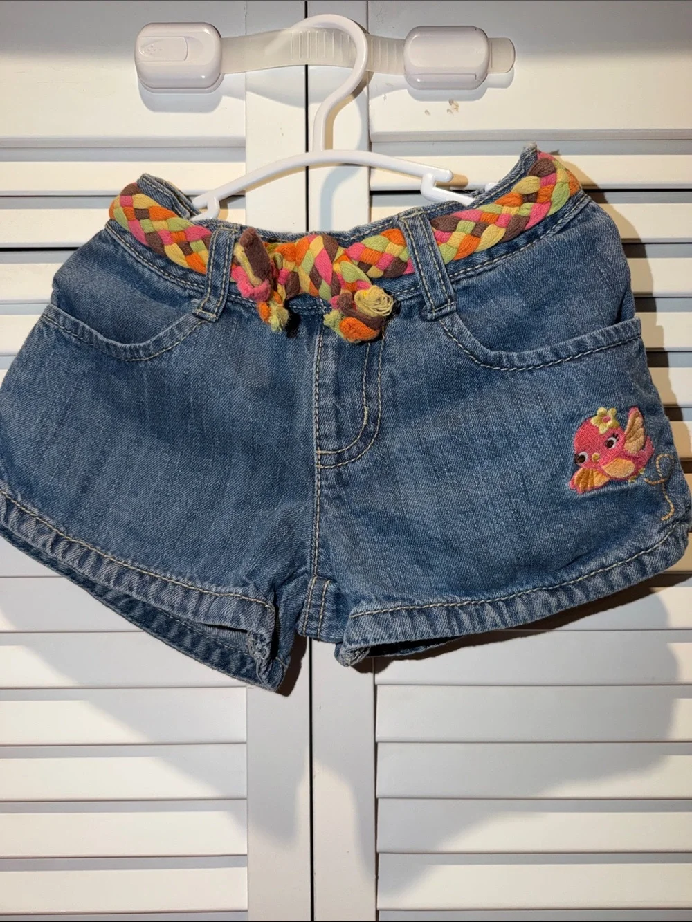 Gymboree Blue Denim Shorts with Multicolor Braided Belt & Embroidered Bird
